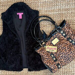 Betsey Johnson Bundle - Black Fur Vest Size M and Betseyville Large Travel Bag